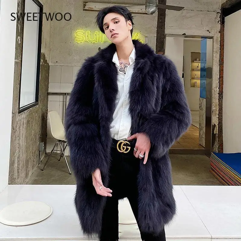

Winter Men's Lambskin Coat Fur Coat Faux Fox Fur Trench Coat Fashion Warm Mid-Length Thick Casual Top