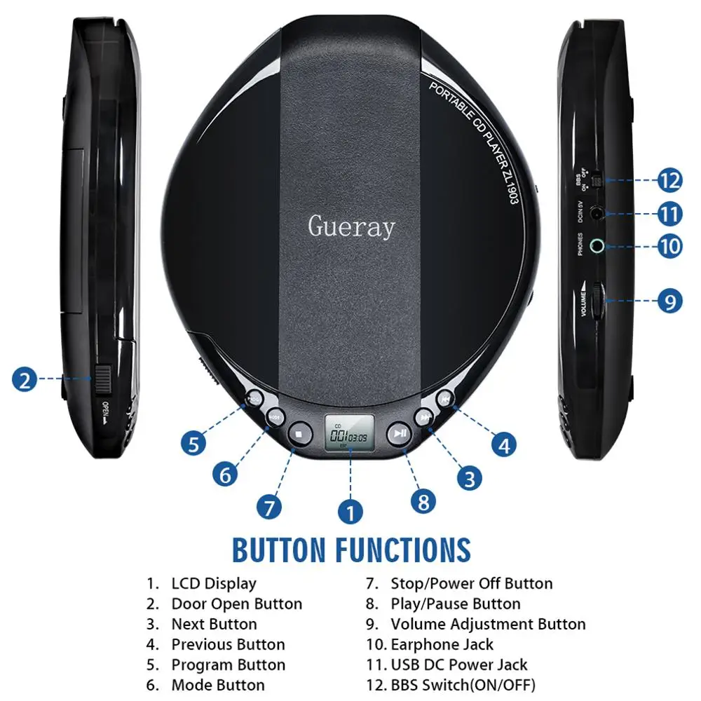 Portable CD Player Personal Compact Walkman CD Player AUX Cable Built-in Headphones HiFi Music Reproductor CD Car Audio Device