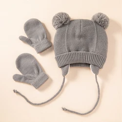 Winter Warm Baby Solid Color Ear Flap Hat Gloves Set Cute Ears Beanies Cap Mitten Kit for Toddler Girls Boys Knitted Hemming