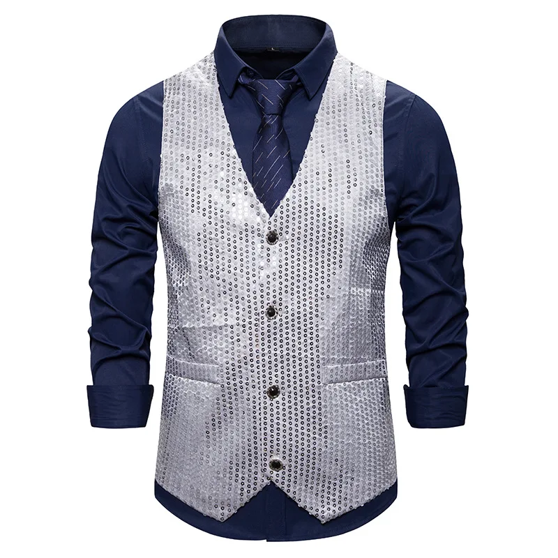 Men Vest Waistcoat Wedding Party Prom Glitter Sequinn Gilet Costume Homme Solid Single Breasted Slim Mens Dress Vests Clothing