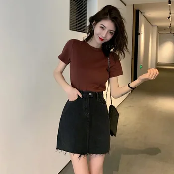 

YZXY Spring and Summer New Style Korean-style INS Fashion Slim Solid Color Versatile Crew Neck Short