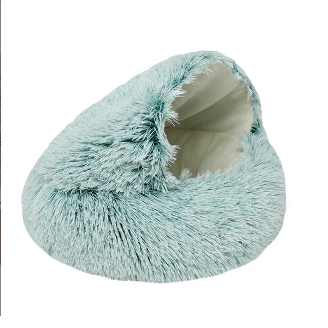 Winter Cat Bed Long Plush Pet Cat Cushion Warm Sleep Bag Bed Round Half-Pack Cat Basket Lounger Nest For Small Medium Large Dog Green