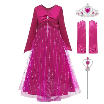 

VOGUEON Girl New Elsa Princess Dress Up Long Sleeve Ruched V Neck Fuchsia Evening Gown Children Halloween Pageant Party Costume