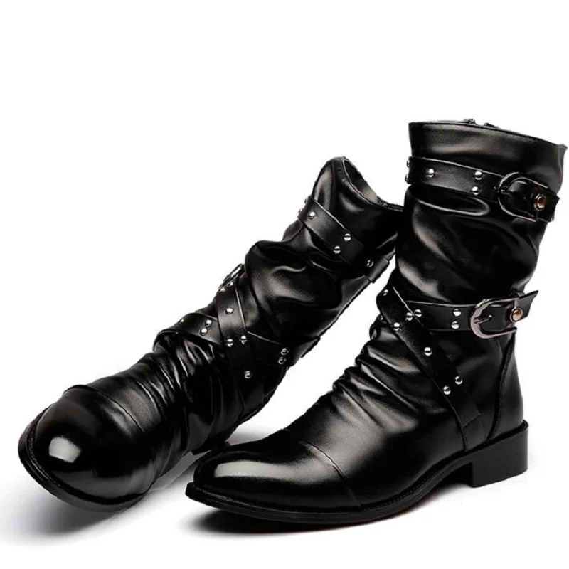 Spring Autumn Winter Pointed Toe Rivet Buckles Men Equestrian Boots Mid-Calf High Top Male Warm Punk Motorcycle Boots 190906