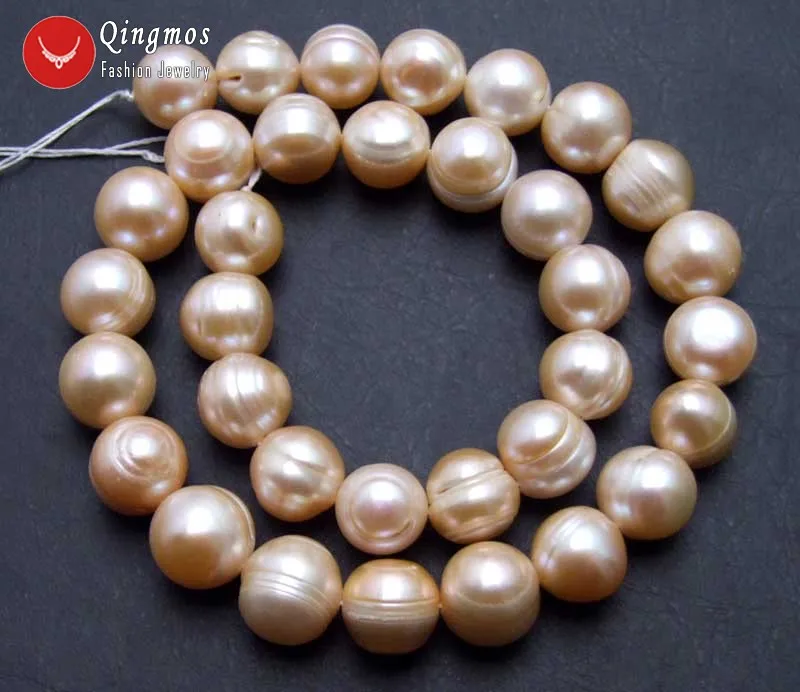 Qingmos 12-14mm Round Natural Freshwater Pink Pearl Loose Beads for Jewelry Making Necklace Bracelet Earring DIY Strands 14