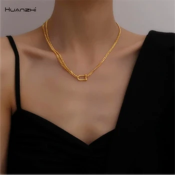 

HUANZHI 2020 New Gold Color Double layer Asymmetric Metal Necklace U Shape Pendant Choker Chian for Women Girls Jewelry