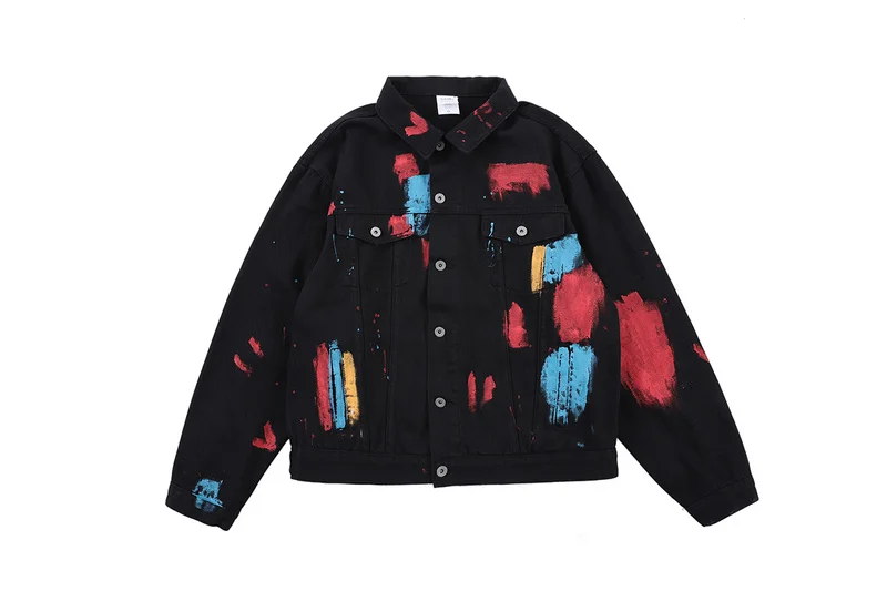 

Original Design Paint Printed Design Graffiti Men Black Denim Jacket Hiphop Streetwear Men Casual Denim Jeans Jacket