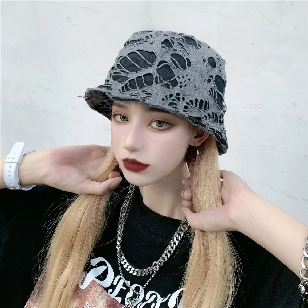 Dark Goth Women Unisex Broken Black Gray Beanies Gothic Girl Harajuku Split Japanese Skullies Korean Fashion Sun-protect Hat