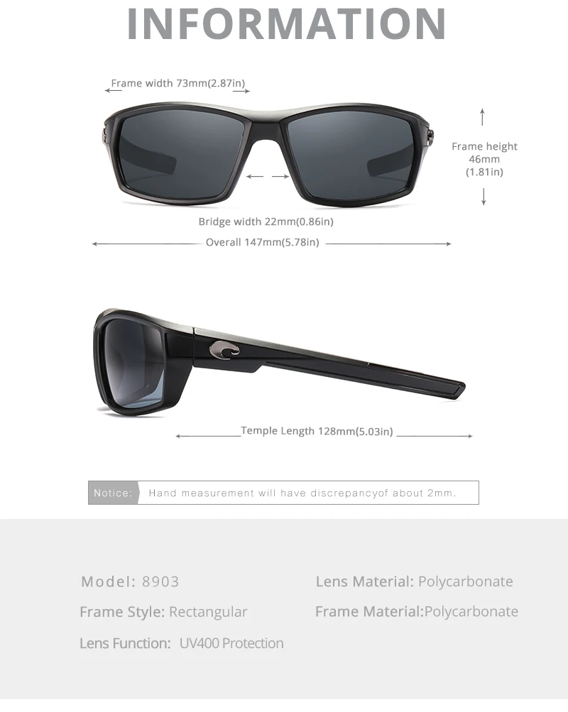 8903 COSTA Brand Square Sunglasses Metal 3D logo Mirrored lens Men Driving Fishing Sun glasses UV400 Summer Shades Eyewear women