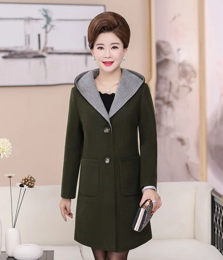 Middle-aged WOMEN'S Apparels Autumn And Winter Hooded Woolen Jacket Mid-length Large Size Mom Slim Fit plus Thick Cotton Woolen