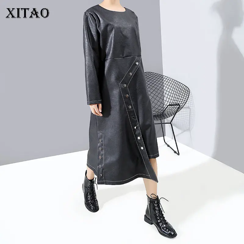 XITAO, европейский стиль, Необычные платья из искусственной кожи, Модные свободные платья с длинным рукавом и круглым вырезом, уличная женская одежда XJ3151