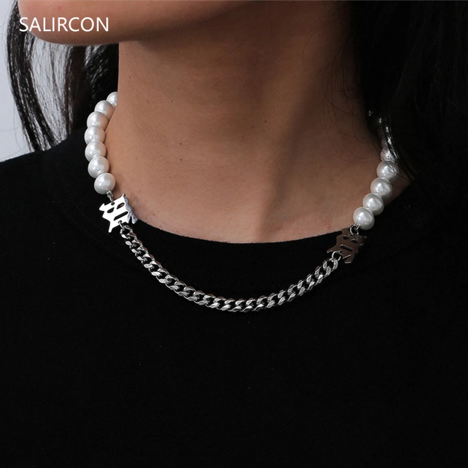 

Salircon Punk Imitation Pearl Beaded Necklace Silver Color Choker Stainless Steel Chain Short Necklace Women Men Fashion Jewelry