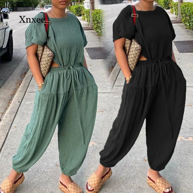 

Women Solid Short Sleeve Rompers o Neck Loose Hollow Drawstring Jumpsuits Chic Summer Overalls Elegant Office Ladies Workwear