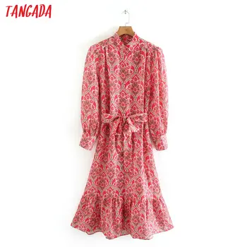 

Tangada 2020 spring fashion women Red flowers print shirt dress with slash Long Sleeve Ladies midi Dress Vestidos 2W132