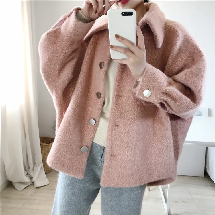 

2019 autumn winter Women Gray wool coat ladies solid casual coats single breasted turn-down collar jakects Black