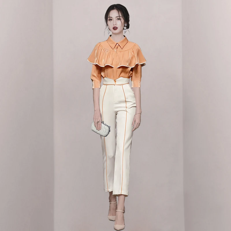 

Runway Design Fashion Suit Women Autumn Temperament Celebrity Versatile Ruffle Blouse Shirt+High Waist Pencil Pants 2 Piece Set