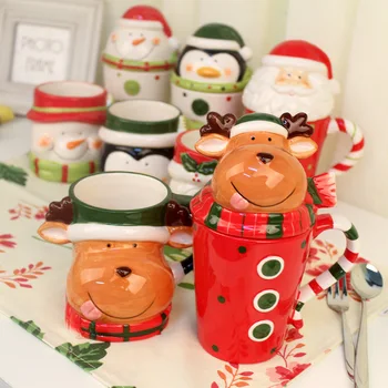 

Creative Christmas Ceramic Mugs with Lid Cute Cartoon Animal Milk Coffee Cup Kitchenware Home Office Supplies Gift for Friend