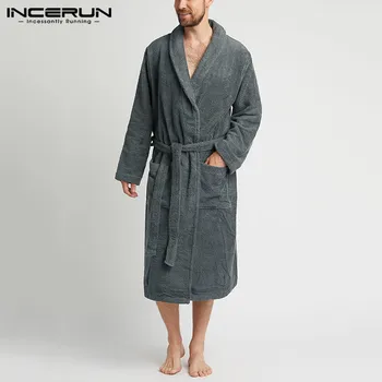 

Fleece Men's Sleep Robes Lapel Long Sleeve Homewear Autumn Winter Nightgown Solid Fashion Kimono Lace Up Mens Bathrobes INCERUN