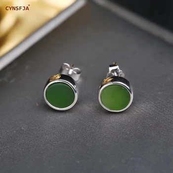 

CYNSFJA New Real Certified Natural Hetian Jade Jasper 925 Sterling Silver Fine Jewelry Jade Earrings High Quality Best Gifts