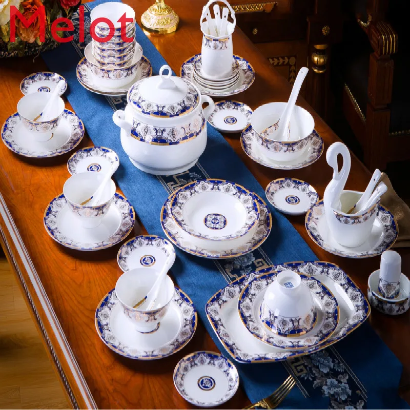 

Dishes set household Jingdezhen high-grade bone china tableware set European simple light luxury dishes and chopsticks