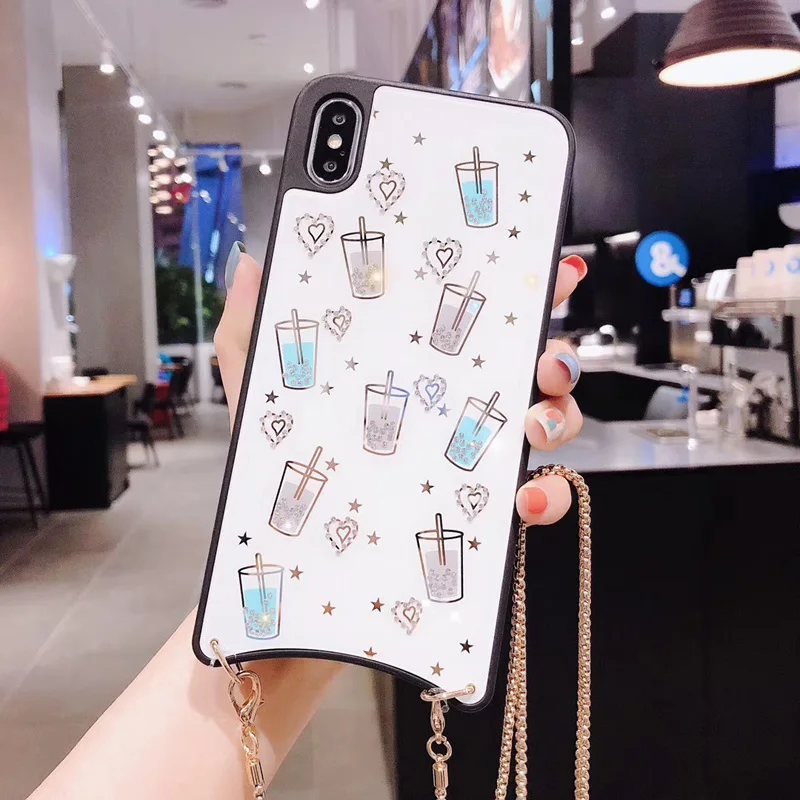 Блестящий чехол для чая и молока для iPhone 11 Pro XS Max XR X 6 6S 7 8 Plus, мягкий силиконовый чехол с ремешком на плечо, ожерелье