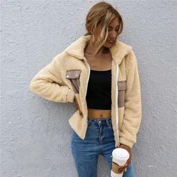 

Women Autumn Winter Warm Soft Zipper Fur Jacket Hot sale lapel thickened pocket plush cardigan jacket