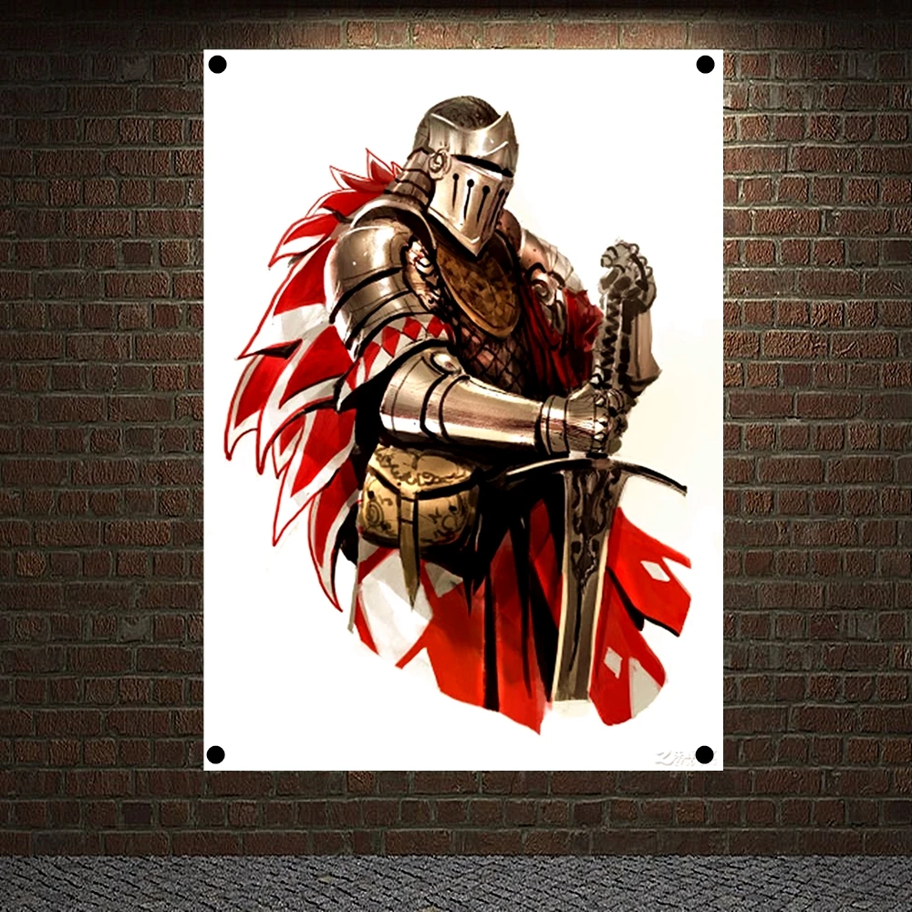 

Ancient Military Posters Templar Knight On Horse Banners Retro Print Art Crusader Flags Canvas Painting Wall Hanging Home Decor