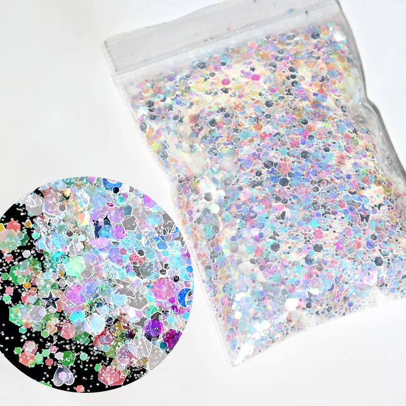 

50G Holographic Nail Art Glitter Chameleon Mixed Hexagon Shape Nail Glitter Silver Sequins Sparkly Flakes Slices Manicure Nails