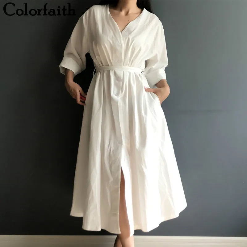 

New 2019 Women Dresses Spring Summer Cotton Linen Elegant Ladies Pleated Long White Dresses V Neck Lace Up Bow