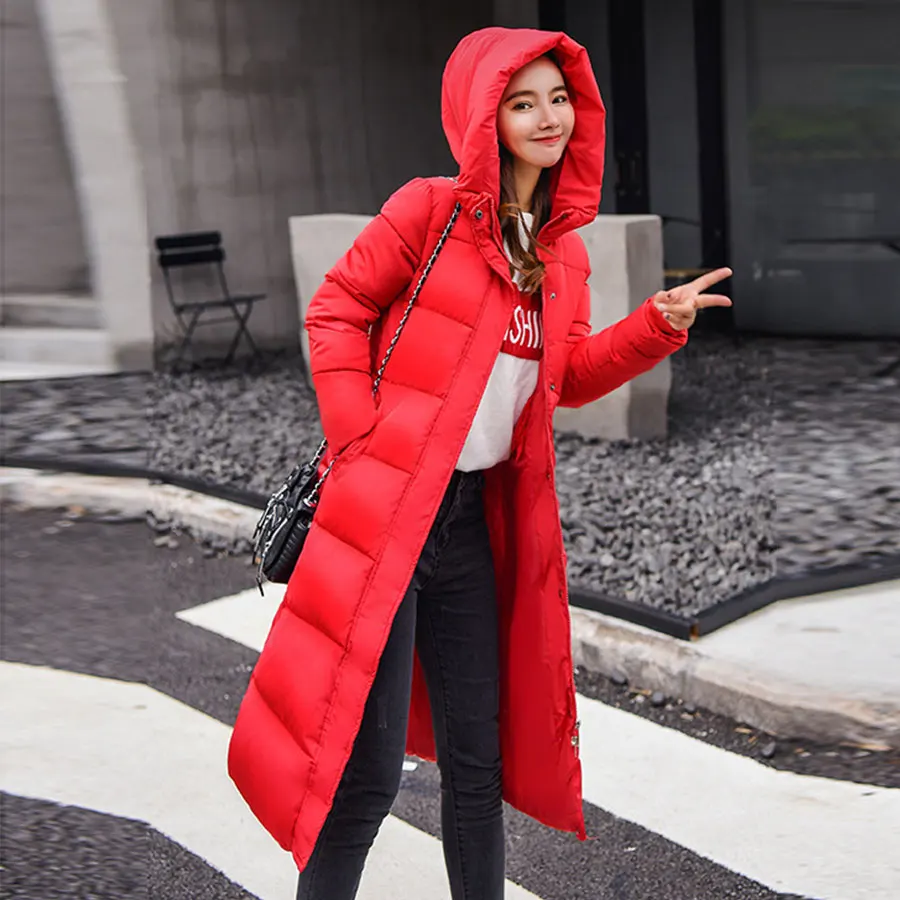 Best  Winter Long Hooded Down Coat Women Casual Thicken Down Jacket Female Slim Elastic Cuff Puffer Coats