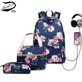 

Fengdong 3pcs/set children school bags for girls black flower backpack schoolbag kids floral backpack set handbag pen pencil bag