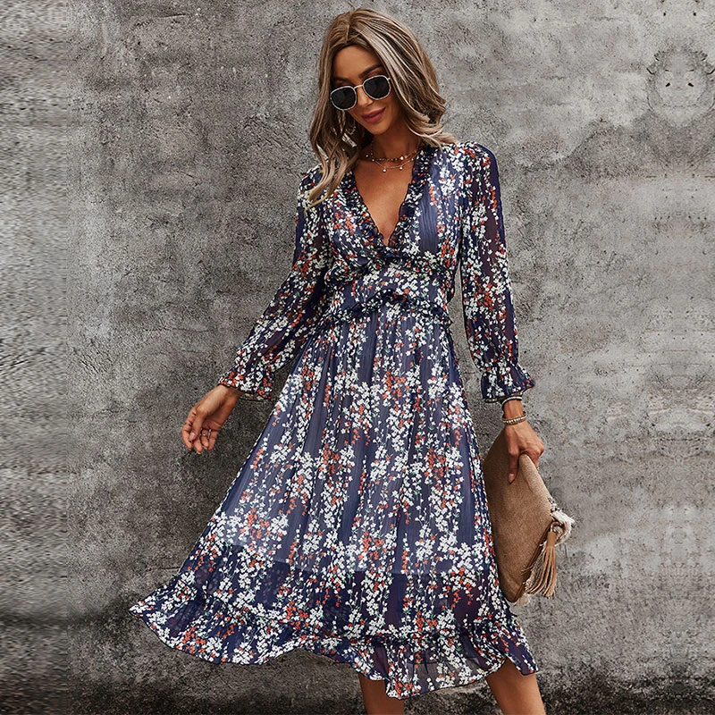 Sexy V Neck Floral Dress Ladies 2022 New Butterfly Sleeve High Waist Casual Print Dresses For Women Summer Chiffon Dress plus size wedding dresses