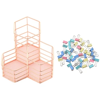 

40Pcs 19mm Colored Binder Clips Home Office School & 1x Pen Cup Holder for Desk Tidy Hexagon Iron Hollow Makeup Brush