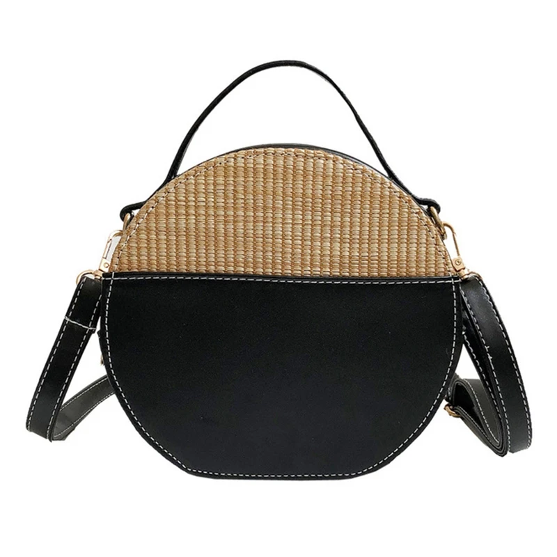 

ABZC-Round Straw Bags Women Summer Rattan Bag Handmade Woven Beach Cross Body Bag Circle Bohemia Handbag