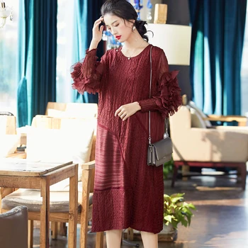 

Plus Size Dress 2020 Spring Women Fashion New Long sleeve Round Neck Loose Casual Miyake Pleated Dress Female