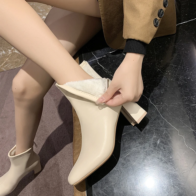 Bottines à bout pointu et talon carré en Pu pour femmes, nouvelles bottes à  la mode, noires et beiges, 2022 | AliExpress