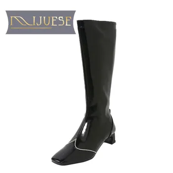 

MLJUESE 2021 women Knee-High boots Patent Leather Winter short plush Square Toe Zipper Crystal Med heels female boots size 40