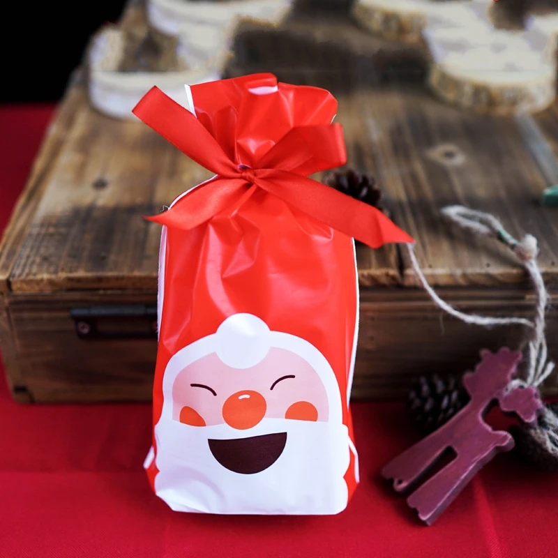 50/100p 23x15 см Рождественская пластиковая сумка на шнурке для конфет и печенья закуски день рождения Свадебный декор Подарочная сумка новогодние подарки - Цвет: Red - santa claus