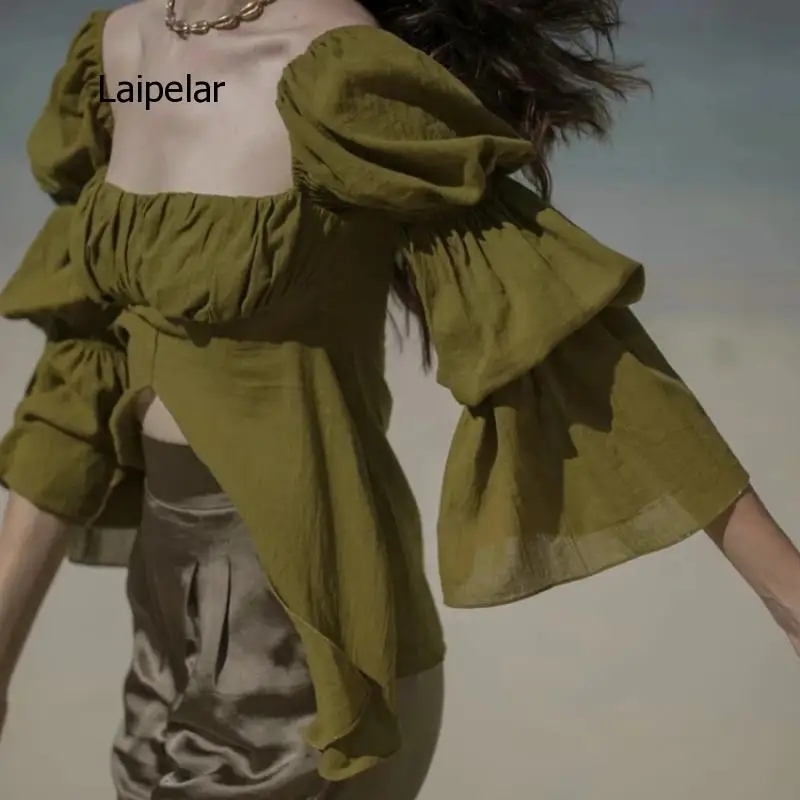 

Женская летняя одежда в стиле ретро, топ с квадратным вырезом и разрезом спереди, асимметричный расклешенный рукав, готическая одежда в стиле Харадзюку