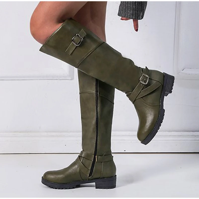 Autumn Shoes Women Knee High Boots Female Buckle Strap Platform Black PU Low Heels Motorcycle Boots Zip Ladies Classic Footwear