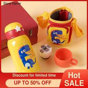 

316 Stainless Steel Children's Thermos Cup with Straw Thermal Carafe Drop-Resistant Double Cover Strap Cartoon Pot