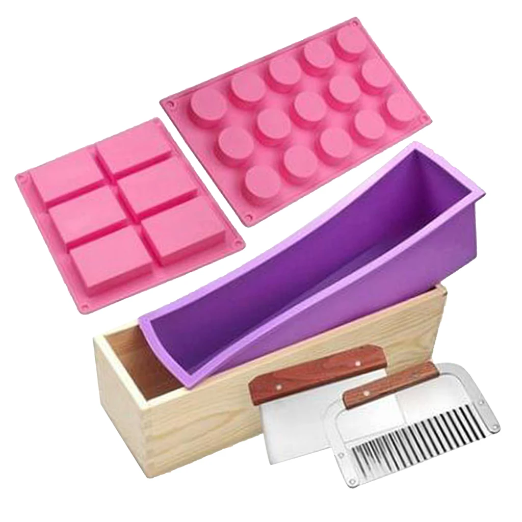 Silicone Soap Mold Wood Box Kit Flexible Cake Mold, Stainless Steel Wavy Straight Scraper Soap Cutter Slicer for Candle Making