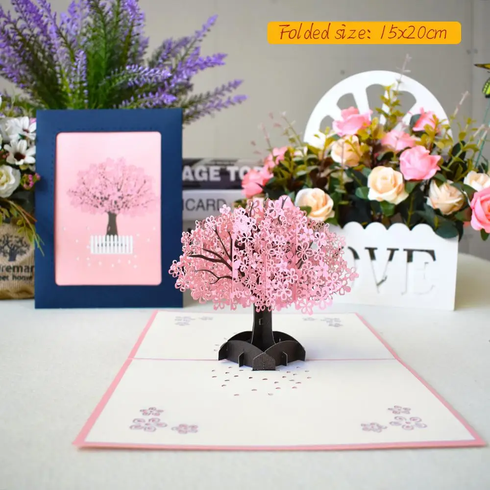  Cherry Tree 3D Pop UP Card with envelope sticker Flower laser cut invitation Wedding Greeting Cards