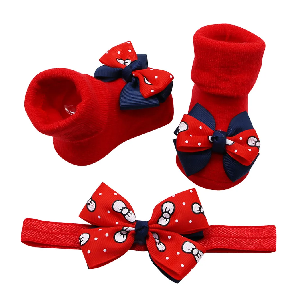 Одежда для маленьких девочек, носки для малышей+ 1 шт., пояс для волос, нескользящие носки с бантом для маленьких девочек, skarpetki dla dzieci