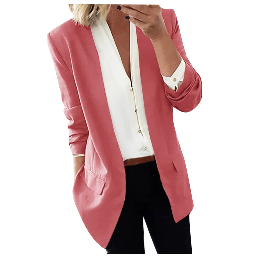 Повседневное однотонное пальто с длинным рукавом и отложным воротником, Дамская деловая куртка, Приталенный топ, женские блейзеры, женские блейзеры - Цвет: Pink