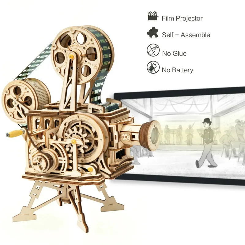 

183pcs Vintage Diy 3D Hand Crank Film Projector Wooden Puzzle Game Assembly Vitascope Toy Gift for Children Adult