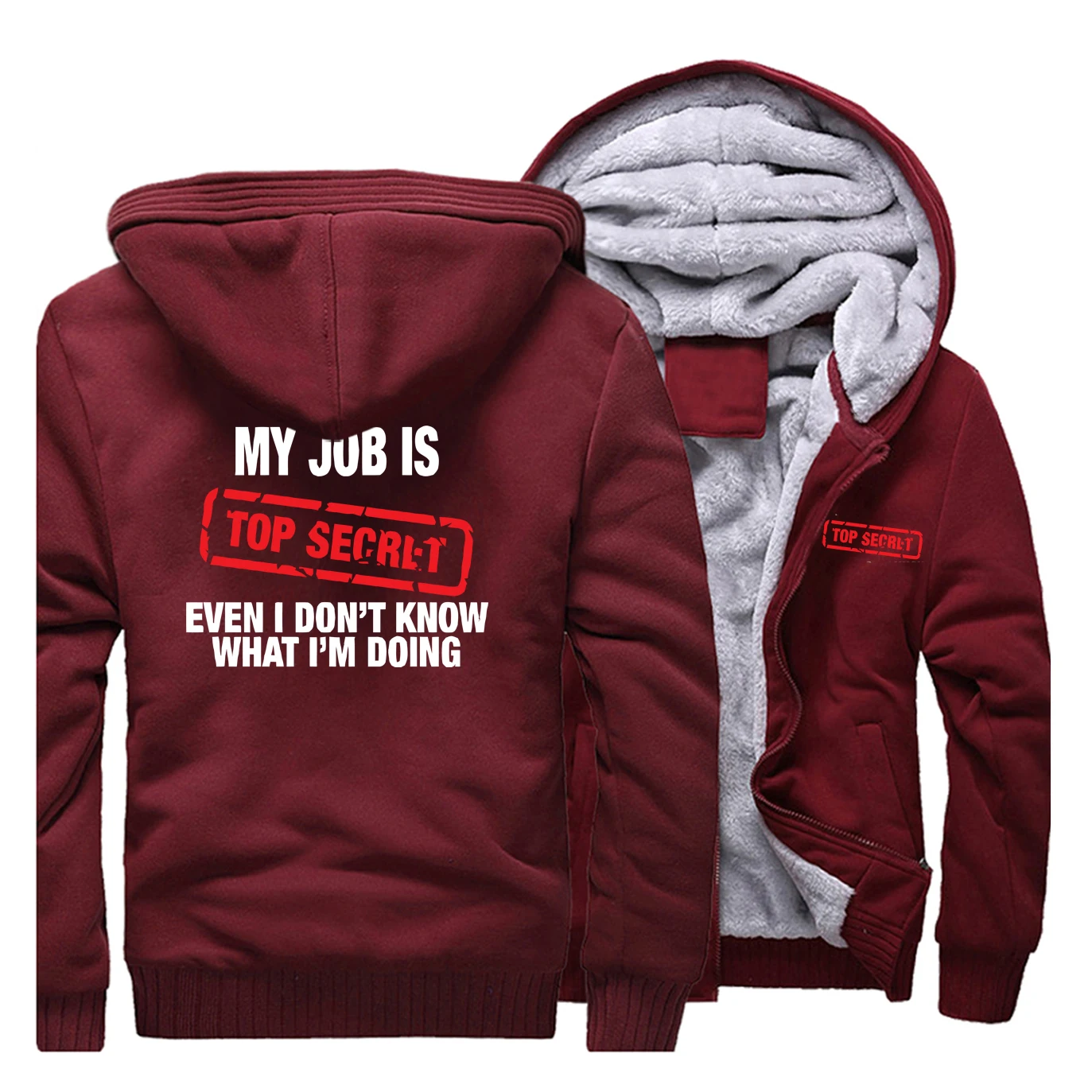 Забавный принт, MY JOB IS TOP SECRET, толстовки для мужчин, зима, новинка, с буквенным принтом, мужская куртка, толстая, уличная одежда, костюм, верхняя одежда - Цвет: Wine Red 5