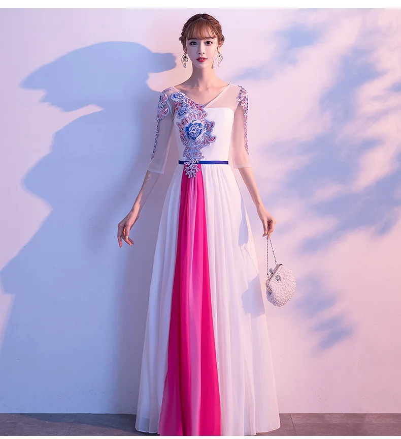 Party Dress Women White Gradient Color Maxi Dresses New Chinese Style V Neck Elegant Slim Host Banquet Dance Vestidos CX261