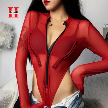 

Sexy Perspective Bodycon Bodysuit Women Mesh Long Sleeve Rompers Women Adjustable Zipper Collar Rompers Club Wear Bodysuits