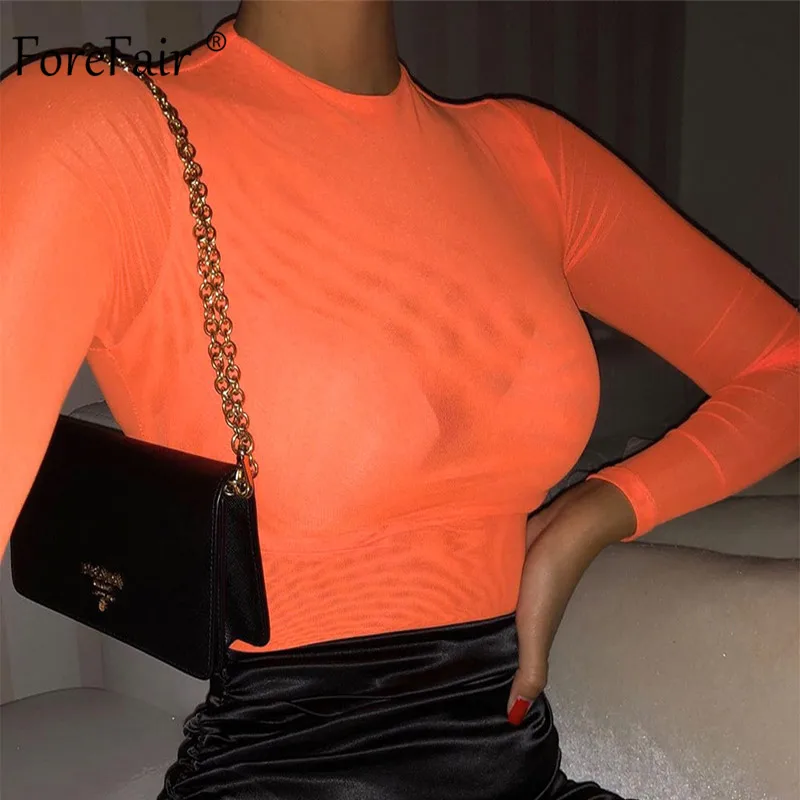 Forefair, сексуальный боди с длинным рукавом, женские топы, Клубная одежда,, тонкий, прозрачный, базовый, сетчатый, водолазка, боди для женщин